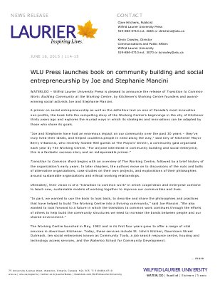 114-2015 : WLU Press launches book on community building and social entrepreneurship by Joe and Stephanie Mancini