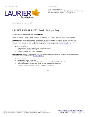 118-2015 : LAURIER EXPERT ALERT: World Refugee Day