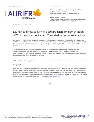 120-2015 : Laurier commits to working toward rapid implementation of Truth and Reconciliation Commission recommendations