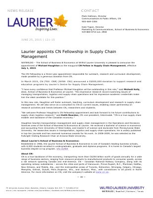 121-2015 : Laurier appoints CN Fellowship in Supply Chain  Management