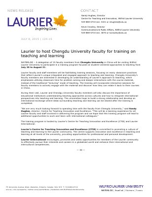 124-2015 : Laurier to host Chengdu University faculty for training on teaching and learning