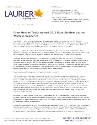 126-2015 : Drew Hayden Taylor named 2016 Edna Staebler Laurier Writer in Residence