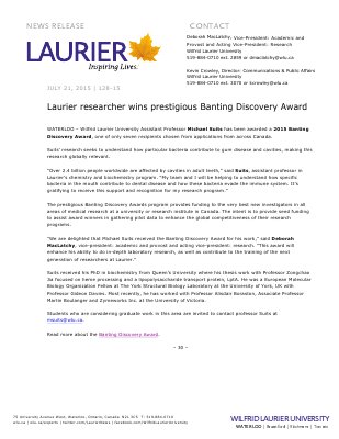 128-2015 : Laurier researcher wins prestigious Banting Discovery Award