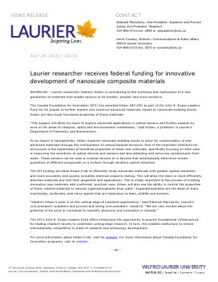 130-2015 : Laurier researcher receives federal funding for innovative development of nanoscale composite materials