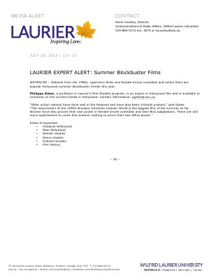 131-2015 : LAURIER EXPERT ALERT: Summer Blockbuster Films