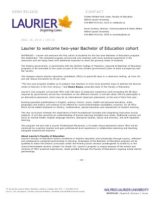 135-2015 : Laurier to welcome two-year Bachelor of Education cohort