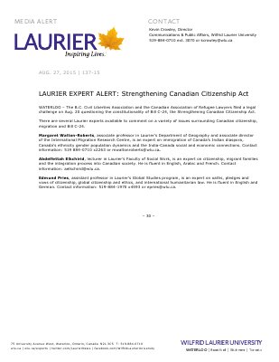 137-2015 : LAURIER EXPERT ALERT: Strengthening Canadian Citizenship Act