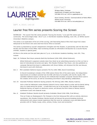 143-2015 : Laurier free film series presents Scoring the Screen