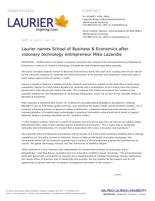 144-2015 : Laurier names School of Business & Economics after visionary technology entrepreneur Mike Lazaridis