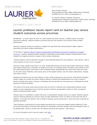 148-2015 : Laurier professor issues report card on teacher pay versus student outcomes across provinces