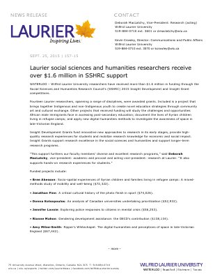 157-2015 : Laurier social sciences and humanities researchers receive over $1.6 million in SSHRC support
