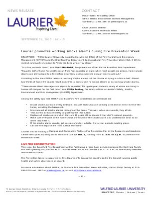 161-2015 : Laurier promotes working smoke alarms during Fire Prevention Week