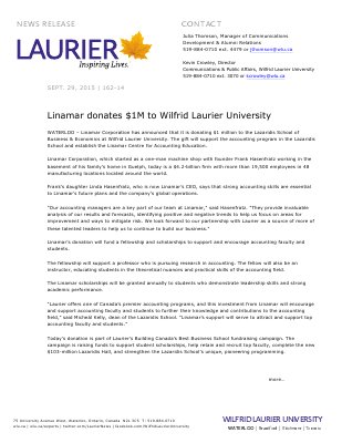 162-2015 : Linamar donates $1M to Wilfrid Laurier University