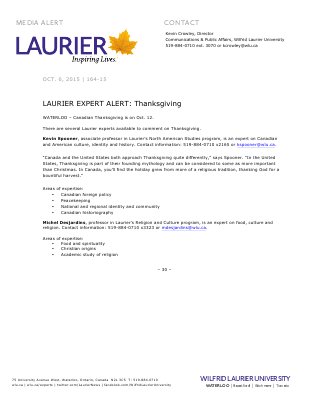 164-2015 : LAURIER EXPERT ALERT: Thanksgiving