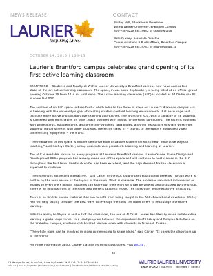 168-2015 : Laurier’s Brantford campus celebrates grand opening of its first active learning classroom