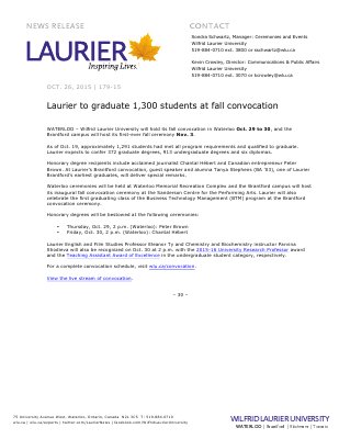 179-2015 : Laurier to graduate 1,300 students at fall convocation