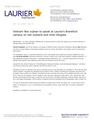 183-2015 : Vietnam War orphan to speak at Laurier’s Brantford campus on war orphans and child refugees