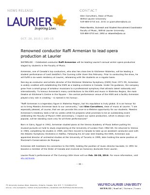 185-2015 : Renowned conductor Raffi Armenian to lead opera production at Laurier