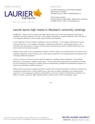 186-2015 : Laurier earns high marks in Maclean’s university rankings