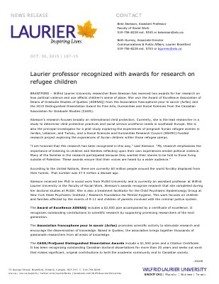 187-2015 : Laurier professor recognized with awards for research on refugee children