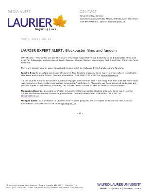 190-2015 : LAURIER EXPERT ALERT: Blockbuster films and fandom