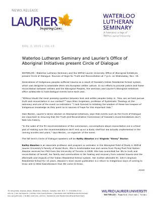 191-2015 : Waterloo Lutheran Seminary and Laurier’s Office of Aboriginal Initiatives present Circle of Dialogue