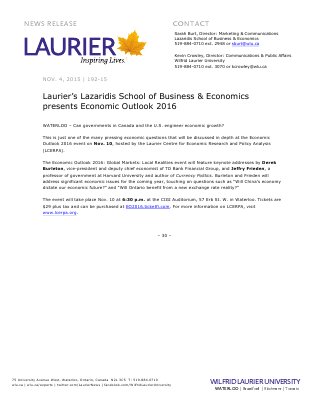 192-2015 : Laurier’s Lazaridis School of Business & Economics presents Economic Outlook 2016