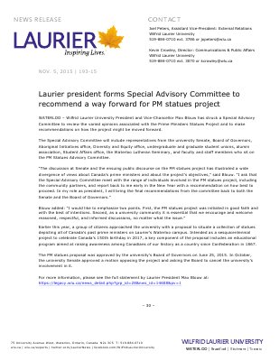 193-2015 : Laurier president forms Special Advisory Committee to recommend a way forward for PM statues project