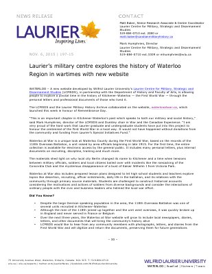 197-2015 : Laurier’s military centre explores the history of Waterloo Region in wartimes with new website