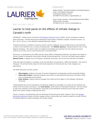 202-2015 : Laurier to host panel on the effects of climate change in Canada’s north