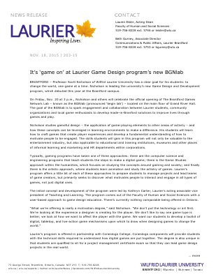 203-2015 : It’s ‘game on’ at Laurier Game Design program’s new BGNlab