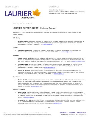 214-2015 : LAURIER EXPERT ALERT: Holiday Season