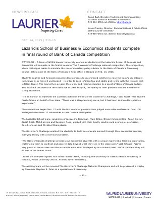 215-2015 : Lazaridis School of Business & Economics students compete in final round of Bank of Canada competition