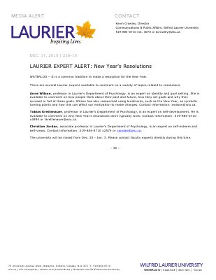 216-2015 : LAURIER EXPERT ALERT: New Year’s Resolutions