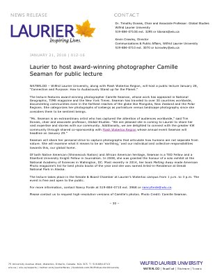 012-2016 : Laurier to host award-winning photographer Camille Seaman for public lecture