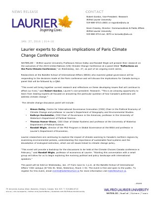 014-2016 : Laurier experts to discuss implications of Paris Climate Change Conference