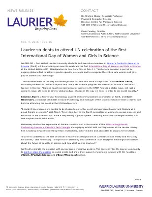 020-2016 : Laurier students to attend UN celebration of the first International Day of Women and Girls in Science