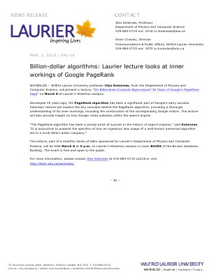 041-2016 : Billion-dollar algorithms: Laurier lecture looks at inner workings of Google PageRank