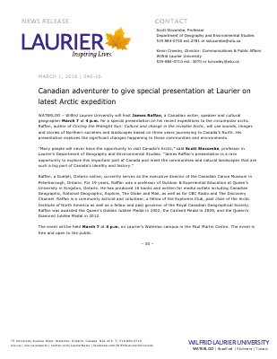 040-2016 : Canadian adventurer to give special presentation at Laurier on latest Arctic expedition