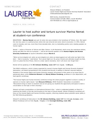 045-2016 : Laurier to host author and torture survivor Marina Nemat at student-run conference