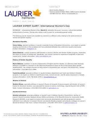 048-2016 : LAURIER EXPERT ALERT: International Women’s Day