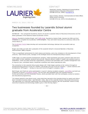 052-2016 : Two businesses founded by Lazaridis School alumni graduate from Accelerator Centre