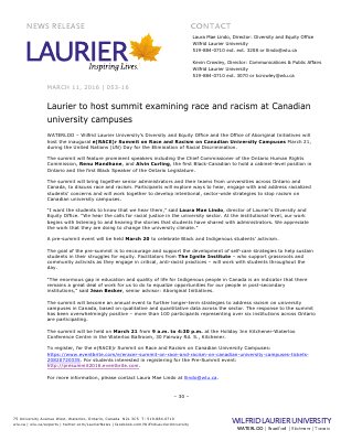 053-2016 : Laurier to host summit examining race and racism at Canadian university campuses