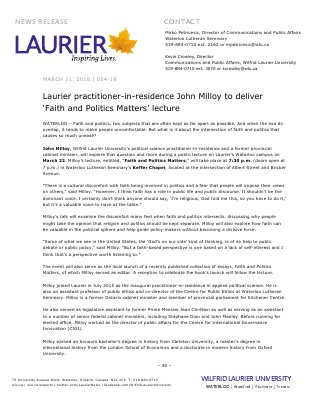 054-2016 : Laurier practitioner-in-residence John Milloy to deliver ‘Faith and Politics Matters’ lecture