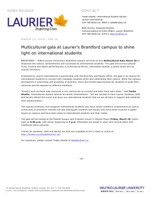 058-2016 : Multicultural gala at Laurier’s Brantford campus to shine light on international students