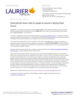 061-2016 : Food activist Anan Lololi to speak at Laurier’s Spring Food Forum