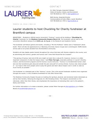 062-2016 : Laurier students to host Chuckling for Charity fundraiser at Brantford campus