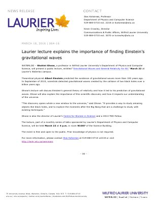 064-2016 : Laurier lecture explains the importance of finding Einstein’s gravitational waves