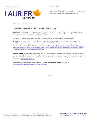 065-2016 : LAURIER EXPERT ALERT: World Water Day