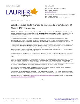 068-2016 : World premiere performances to celebrate Laurier’s Faculty of Music’s 40th anniversary